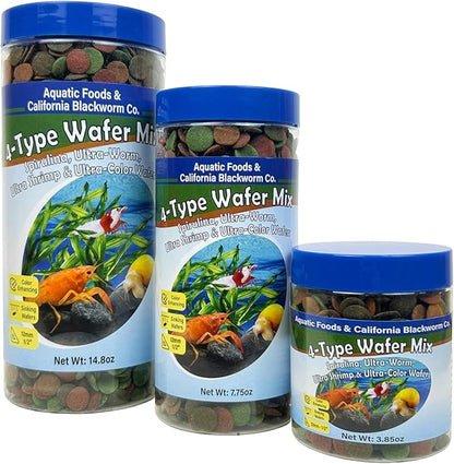 Aquatic Foods Inc. 4-Type 12mm - 1/2" Sinking Wafer Mix of Spirulina-Algae, Ultra-Worm, Shrimp, Color Enhancing for Shrimp, Snails, Crabs, Crayfish, Bottom Fish, 12-Type Pellet Mix Included...11.5oz