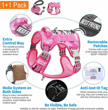 Heavy Duty Tactical Dog Harness for Large Dogs, No Pull Adjustable Pet Harness Reflective Service Training Easy Control Pet Vest Military K9 Working Dog Harnesses- Large, Pink Camo