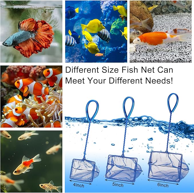 3 Pack Aquarium Net, Multi-Size Fine Quick Fish Catch Nets Extra Soft Nylon Fishing Nets with Plastic Handle for Aquarium Fish Tank Supplies- Blue (4in,5in, 6in)