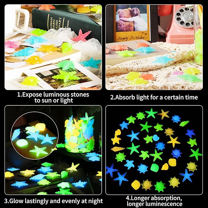 100 PCS Glow in The Dark Rocks - Mixed Color Luminous Stones Starfish-Shaped Sea Aquarium Glow Stones Fish Tank Rocks Outdoor Decor Garden Yard Walkway Pathway FD05MX100A