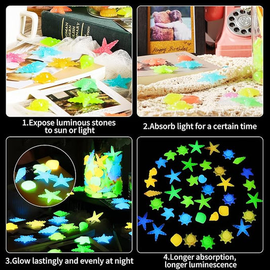 100 PCS Glow in The Dark Rocks - Mixed Color Luminous Stones Starfish-Shaped Sea Aquarium Glow Stones Fish Tank Rocks Outdoor Decor Garden Yard Walkway Pathway FD05MX100A