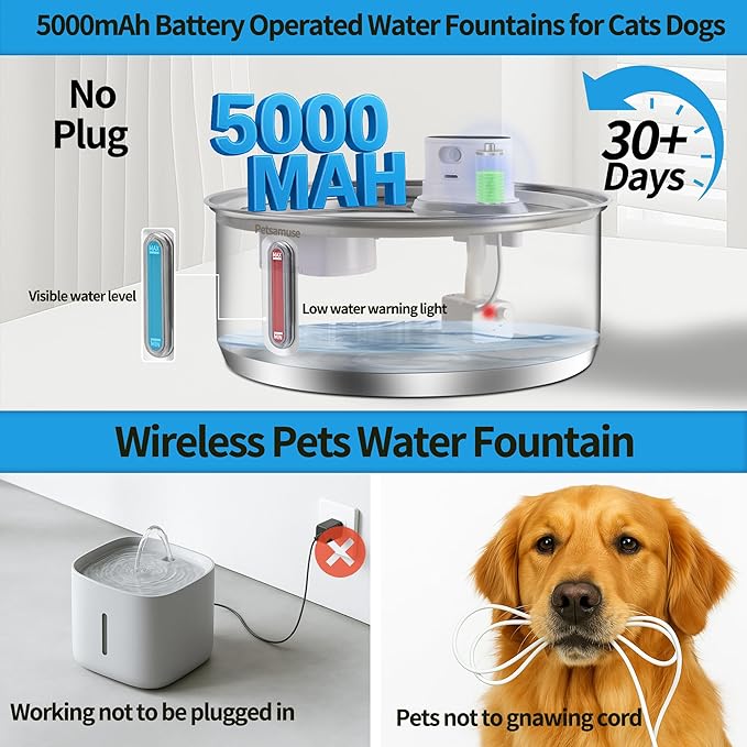 Stainless Steel Large Dog Water Fountain, 2.1Gal/8L Wireless Battery Operated Large Dog Water Bowl Dispenser Motion Sensor Water Fountain Bowl Inside with 13 Filters and 2 Ultra Quiet Pumps