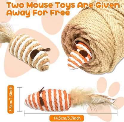 328FT/100M Cat Scratching Sisal Rope, 6mm Thick Natural Jute Rope for Scratch Posts, Cat Trees, DIY Projects, Sisal Rope for Scratcher with 2 Mouse Toys (Natural, 328ft)