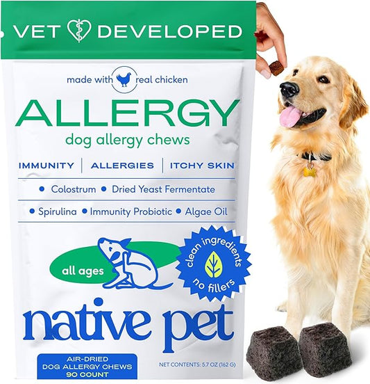Native Pet Dog Allergy Chews - Dog Allergy Relief with Probiotics and Colostrum for Itchy Skin Relief to Support Seasonal Allergy and Healthy Immune System - All Natural Anti-Histamine - 90 Chews
