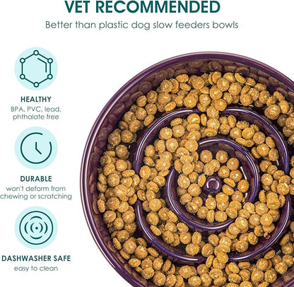 vancasso Slow Feeder Dog Bowl, 1.5 Cups Ceramic Slow Feeder for Medium Breed, Puzzle Maze Food Dog Bowl for Fast Eater, Dark Purple