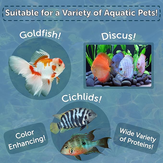 Aquatic Foods Inc. 12-Type Floating & Sinking California Blackworm & Coloring Pellets of 1mm, 2mm, 3mm Size for All Tropical Fish, Koi and Pond Fish, 4-Type Wafer Mix Included...1-lb 4oz Canister