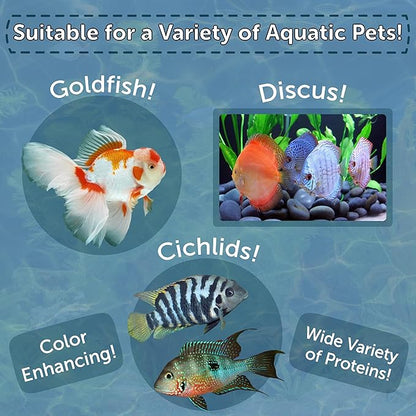 Aquatic Foods Inc. 12-Type Floating & Sinking California Blackworm & Coloring Pellets of 1mm, 2mm, 3mm Size for All Tropical Fish, Koi and Pond Fish, 4-Type Wafer Mix Included...10oz Canister