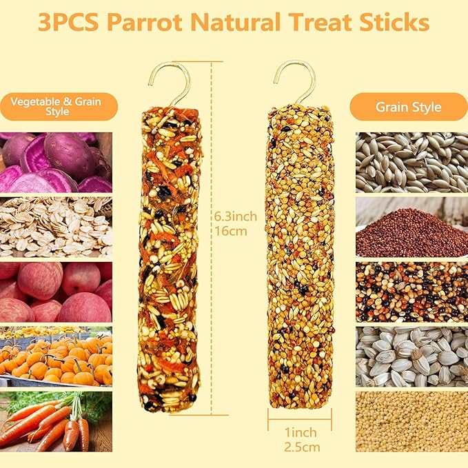 3PCS Parakeet Treat,Natural Parrots Treat Sticks,Vegetable & Grain Style Sticks,Bird Treats for Cockatiel Lovebirds Budgies Canary Finches Myna Conure