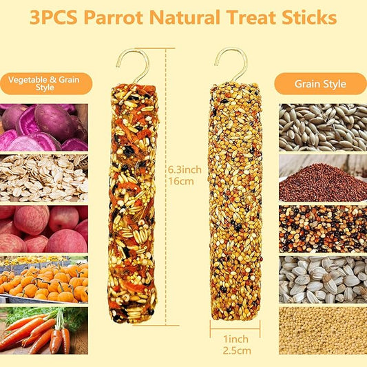 3PCS Parakeet Treat,Natural Parrots Treat Sticks,Vegetable & Grain Style Sticks,Bird Treats for Cockatiel Lovebirds Budgies Canary Finches Myna Conure