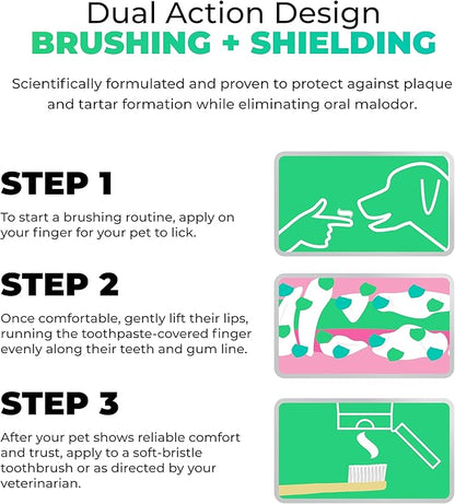 Tartar Shield Pro Care – Natural Enzymatic Pet Toothpaste Kit – Protects Against Plaque & Tartar - Freshens Breath & Removes Stains – Cleans Teeth and Gums – for Dogs & Cats - Coconut Flavor, 3 Oz.