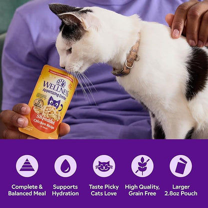 Wellness Appetizing Entrées Shredded Adult Wet Cat Food, Natural, Protein-Rich, Grain Free, 2.8 Ounce Pouch, 8 Pack (Chicken & Duck Recipe)