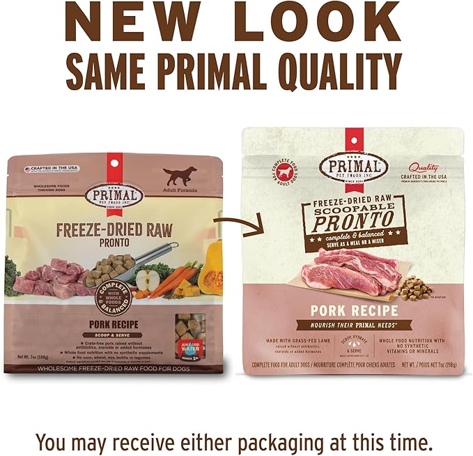 Primal Freeze Dried Dog Food, Pronto Mini Nuggets, Pork; Scoop & Serve, Complete & Balanced Meal; Also Use As Topper or Treat; Premium, Healthy, Grain Free, High Protein Raw Dog Food (16 oz, 2-Pack)