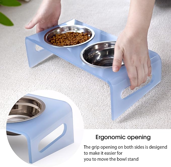 Tilted Raised Elevated Food and Water Bowls Stand for Cat or Small Dogs - Puppy's Clear Acrylic Stainless Steel Dishes Holder for Boy or Girl Pet,Modern,Durable and Easy to Clean by WBhonghui (Blue)