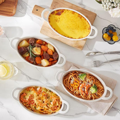 MALACASA Small Casserole Baking Dishes for Oven, Ceramic Oval Baking Dish Sets of 4, 8" x 5" Inch Au Gratin Baking Pans with Handles for Roasting, Lasagna, Pie, Baking Meat & Vegetables, White