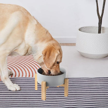 8'' Ceramic Raised Dog Bowl - 70Oz Dog Food & Water Bowl with Elevated Non-Slip Bamboo Stand, Dishwasher & Microwave Safe, Anti Vomiting Heavy Duty Pet Bowl for Medium and Large Dogs, Grey