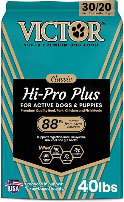 VICTOR Super Premium Dog Food – Hi-Pro Plus Dry Kibble – High Protein Dog Food with 30% Protein – Beef, Chicken, Pork, Fish Meals, Gluten Free - for High Energy and Active Dogs & Puppies, 40lbs
