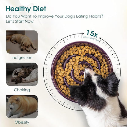 vancasso Slow Feeder Dog Bowl, 3 Cups Ceramic Slow Feeder for Large Breed, Puzzle Maze Dog Food Bowl for Fast Eater, Dark Purple