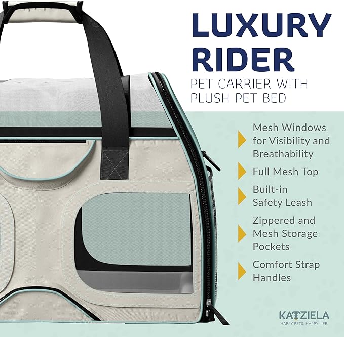 Katziela Pet Carrier - Airline Compliant Dog Carrier - TSA Approved Pet Carrier for Small Dogs and Cats - Soft FAA Travel Airplane Dog Carrier Luggage (Light Grey/Blue-Pro)
