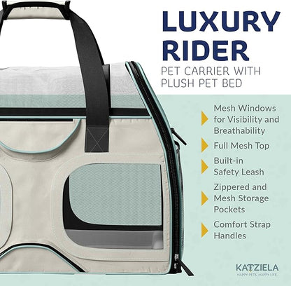 Katziela Pet Carrier - Airline Compliant Dog Carrier - TSA Approved Pet Carrier for Small Dogs and Cats - Soft FAA Travel Airplane Dog Carrier Luggage (Light Grey/Blue-Pro)