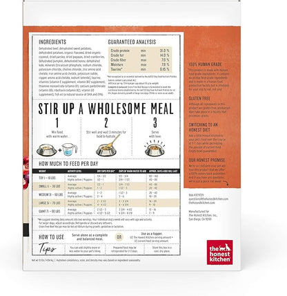 The Honest Kitchen Human Grade Dehydrated Grain Free Dog Food – Complete Meal or Dog Food Topper – Beef 10 lb (makes 40 lbs)