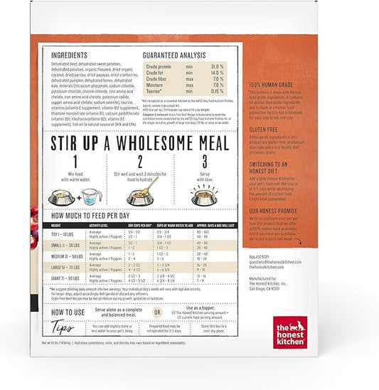 The Honest Kitchen Human Grade Dehydrated Grain Free Dog Food – Complete Meal or Dog Food Topper – Beef 10 lb (makes 40 lbs)