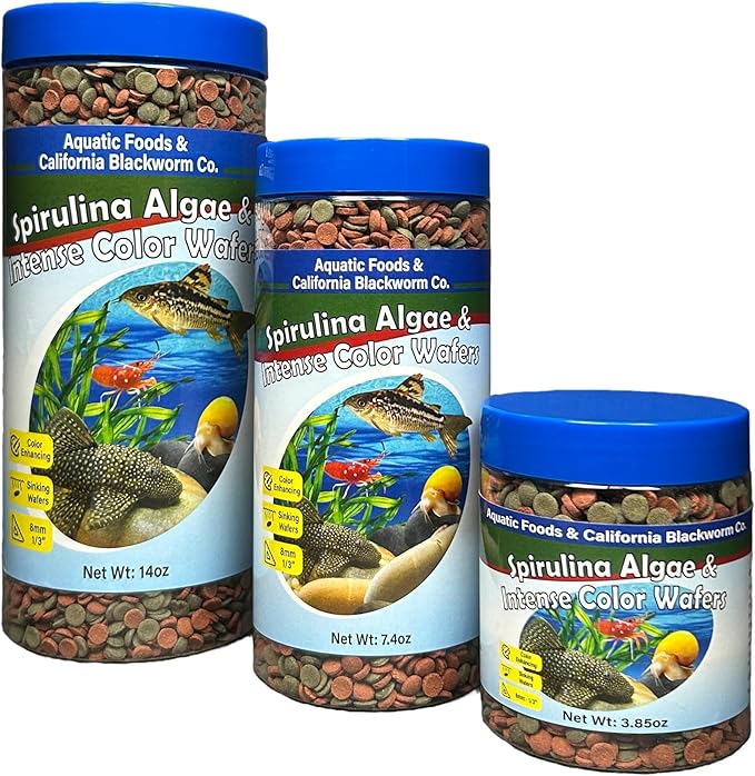 Aquatic Foods Inc. 8mm - 1/3" Small Sinking Wafers of Spirulina, Algae & Color Enhancing Wafers for Bottom Fish, Shrimp, Snails, All Tropical Fish. 4-Type Wafer & 12-Type Pellet Mix Included..6oz
