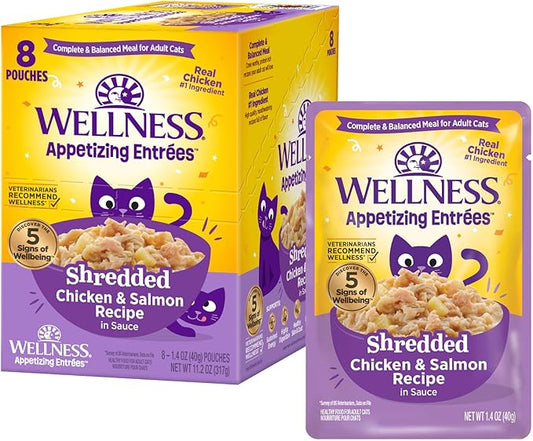 Wellness Appetizing Entrées Shredded Adult Wet Cat Food, Natural, Protein-Rich, Grain Free, 1.4 Ounce Pouch, 8 Pack (Chicken & Salmon Recipe)