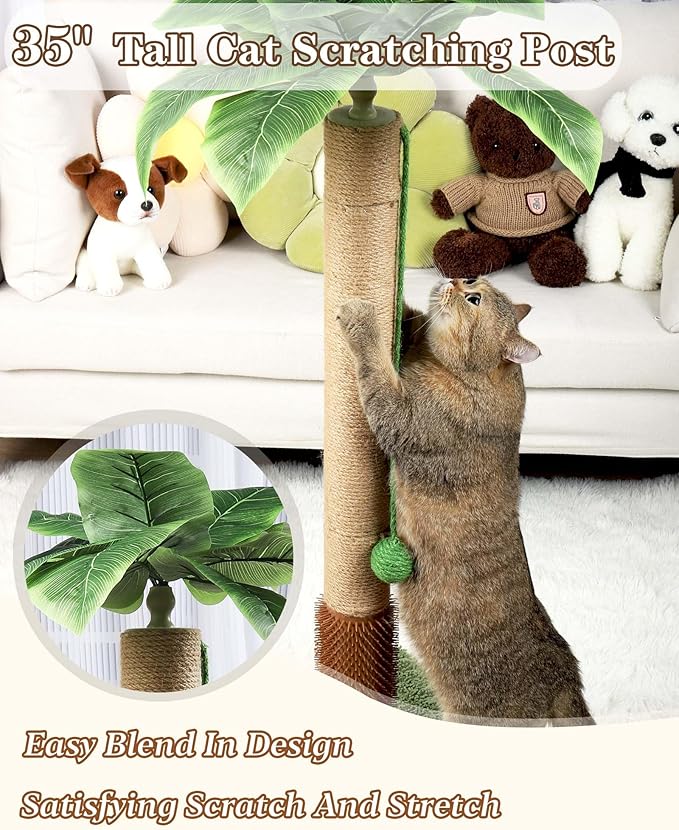ANWA 35" Tall Cat Scratching Post for Kitten and Large Cats, Scratching Post for Indoor Cats with Self-Grooming Rubber Brush, Cat Sisal Post with Simulated Leaves
