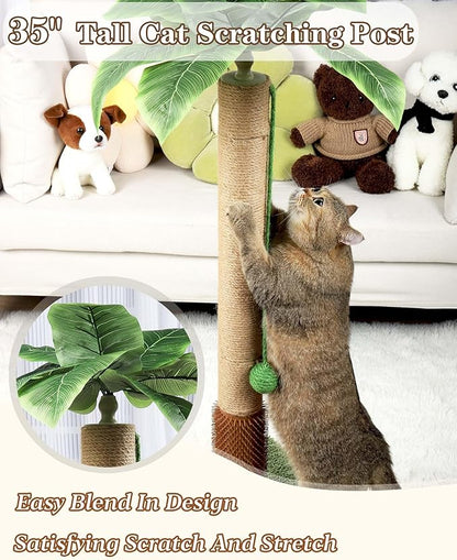 ANWA 35" Tall Cat Scratching Post for Kitten and Large Cats, Scratching Post for Indoor Cats with Self-Grooming Rubber Brush, Cat Sisal Post with Simulated Leaves