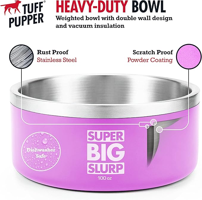 Tuff Pupper 100 oz Heavy Duty Insulated Stainless Steel Dog Bowl for Large Dogs, Non-Slip Base, Dishwasher Safe