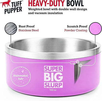 Tuff Pupper 100 oz Heavy Duty Insulated Stainless Steel Dog Bowl for Large Dogs, Non-Slip Base, Dishwasher Safe