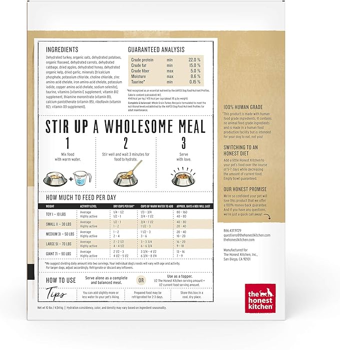 The Honest Kitchen Human Grade Dehydrated Whole Grain Dog Food – Complete Meal or Dog Food Topper – Turkey, 10 Pound (Pack of 1) (makes 40 lbs)