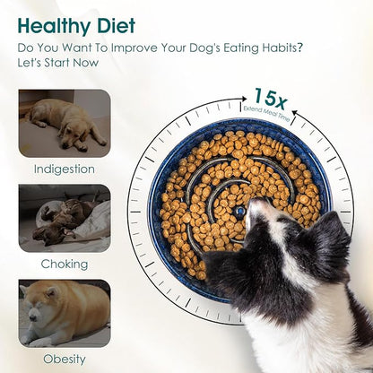 vancasso Slow Feeder Dog Bowl, 3 Cups Ceramic Slow Feeder for Large Breed, Puzzle Maze Dog Food Bowl for Fast Eater, Blue