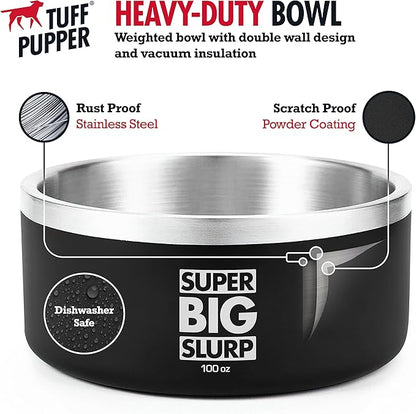 Tuff Pupper 100 oz Heavy Duty Insulated Stainless Steel Dog Bowl for Large Dogs, Non-Slip Base, Dishwasher Safe
