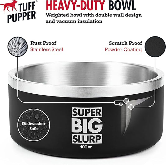 Tuff Pupper 100 oz Heavy Duty Insulated Stainless Steel Dog Bowl for Large Dogs, Non-Slip Base, Dishwasher Safe