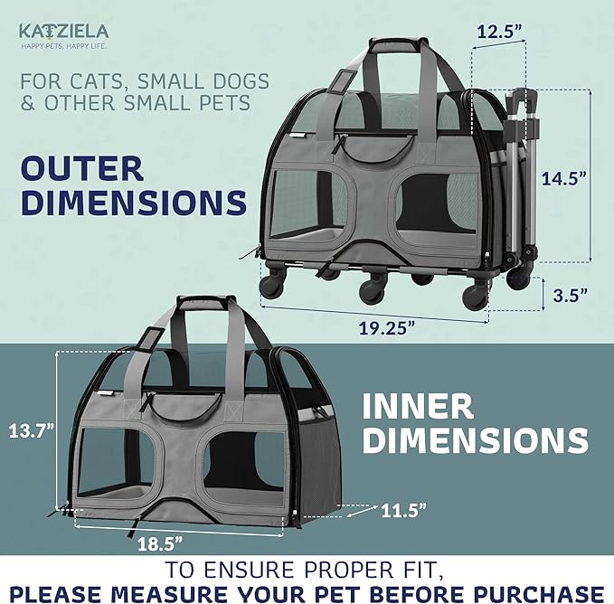 Katziela Rolling Pet Carrier for Small Dogs & Cats – Airline Compliant Soft-Sided Travel Bag with Removable Wheels, Telescopic Handle & Mesh Top (Gray/Black)
