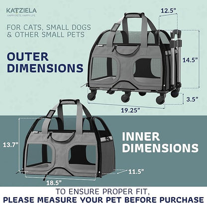Katziela Rolling Pet Carrier for Small Dogs & Cats – Airline Compliant Soft-Sided Travel Bag with Removable Wheels, Telescopic Handle & Mesh Top (Gray/Black)