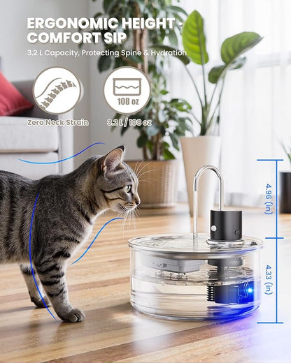 Wireless Cat Water Fountain Glass - 108oz/3.2L Automatic Ultra-Quiet Cat Water Fountain Cordless, Glass Battery Operated Pet Fountain Rechargeable Water Dispenser for Cats, Puppy, Multiple Pets