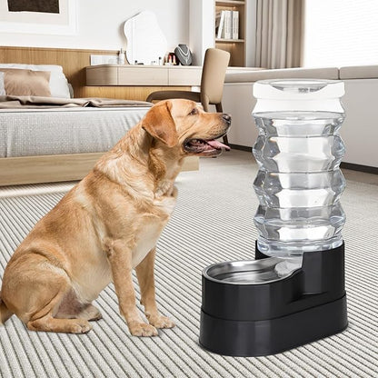 RIZZARI Upgraded Automatic Dog Water Dispenser: 9L Black Gravity Large Stainless Steel Raised Pet Feeder with Filter - Includes 2 Extra Filters & 2 Bottle Caps - Pet Feeder for Dogs Indoor Outdoor