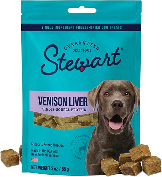 Stewart Single Ingredient Freeze Dried Raw Dog Treats, Venison Liver, 3 Ounce, Approx. 50 Pieces per Resealable Pouch, Training Treats or Meal Topper, High Protein, Grain-Free, Gluten-Free