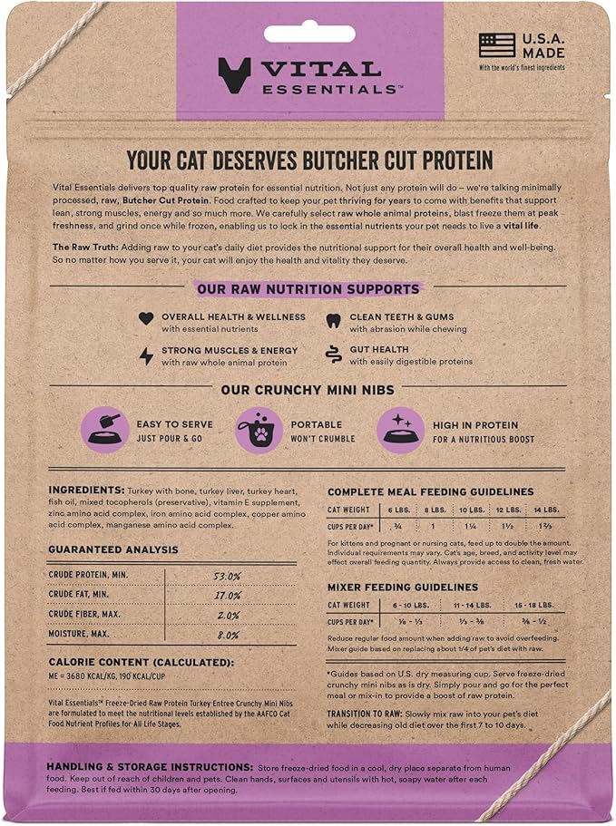 Vital Essentials Freeze-Dried Raw Turkey Meal or Mixer Cat Food Crunchy Nibs, 8 oz