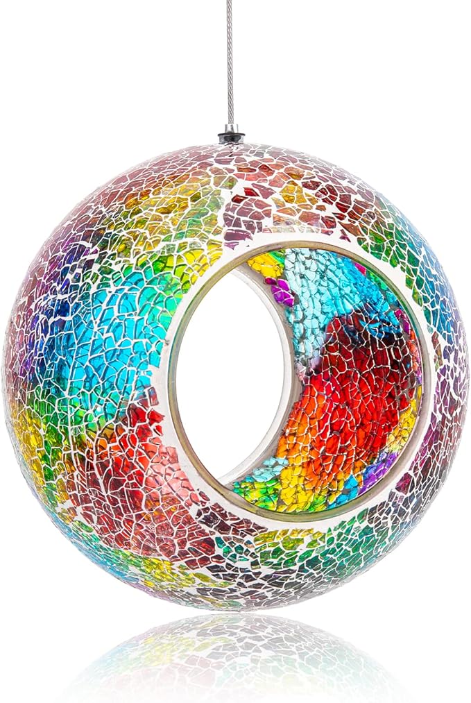 VCUTEKA Bird Feeder Mosaic Fly Through Bird Feeders for Outside Hanging with Round Shape Glass Container to Attract More Wild Birds for Garden, Yard, Backyard, Deck and Porch Decor, Purple 7-Inch