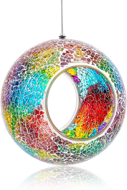 VCUTEKA Bird Feeder Mosaic Fly Through Bird Feeders for Outside Hanging with Round Shape Glass Container to Attract More Wild Birds for Garden, Yard, Backyard, Deck and Porch Decor, Purple 7-Inch