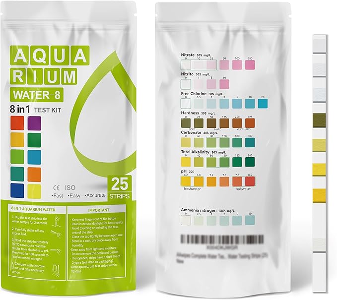 AAwipes Aquarium Ammonia Test Strips 8-in-1 |250 Strips Bag Packs| Quick & Accurate Water Testing Test pH, Carbonate, Alkalinity, Hardness, Chlorine, Nitrite, etc. (K02-250)