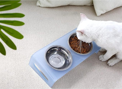 Tilted Raised Elevated Food and Water Bowls Stand for Cat or Small Dogs - Puppy's Clear Acrylic Stainless Steel Dishes Holder for Boy or Girl Pet,Modern,Durable and Easy to Clean by WBhonghui (Blue)