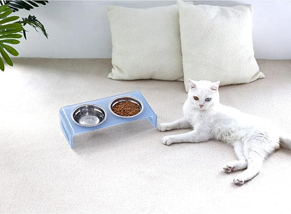 Tilted Raised Elevated Food and Water Bowls Stand for Cat or Small Dogs - Puppy's Clear Acrylic Stainless Steel Dishes Holder for Boy or Girl Pet,Modern,Durable and Easy to Clean by WBhonghui (Blue)