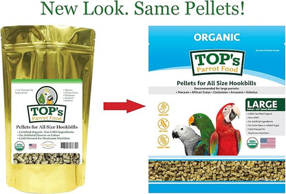 TOP's Parrot Food Pellets Hookbills, Small, Medium, Large Birds - Non-GMO, Peanut Soy & Corn Free, USDA Organic Certified - 1 lb / 453 g