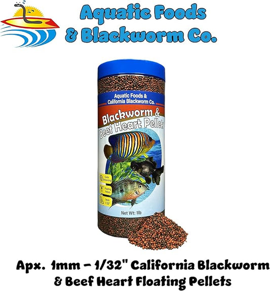 Aquatic Foods Inc. 1mm -1/32" California Blackworm & Beef Heart Floating Pellets for Marines, Cichlids, Tropical Fish, Koi & Pond Fish, 4-Type Wafer & 12-Type Pellet Mix Included...1-lb Canister
