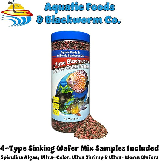 Aquatic Foods Inc. 12-Type Floating & Sinking California Blackworm & Coloring Pellets of 1mm, 2mm, 3mm Size for All Tropical Fish, Koi and Pond Fish, 4-Type Wafer Mix Included...1-lb 4oz Canister