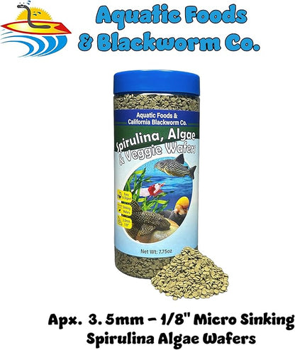 Aquatic Foods Inc. 3.5mm - 1/8" Micro Sinking Wafers of Spirulina, Algae & Veggies for Bottom Fish, Plecos, Shrimp, Snails, All Tropical Fish, 4-Type Wafer & 12-Type Pellet Mix Included 10oz